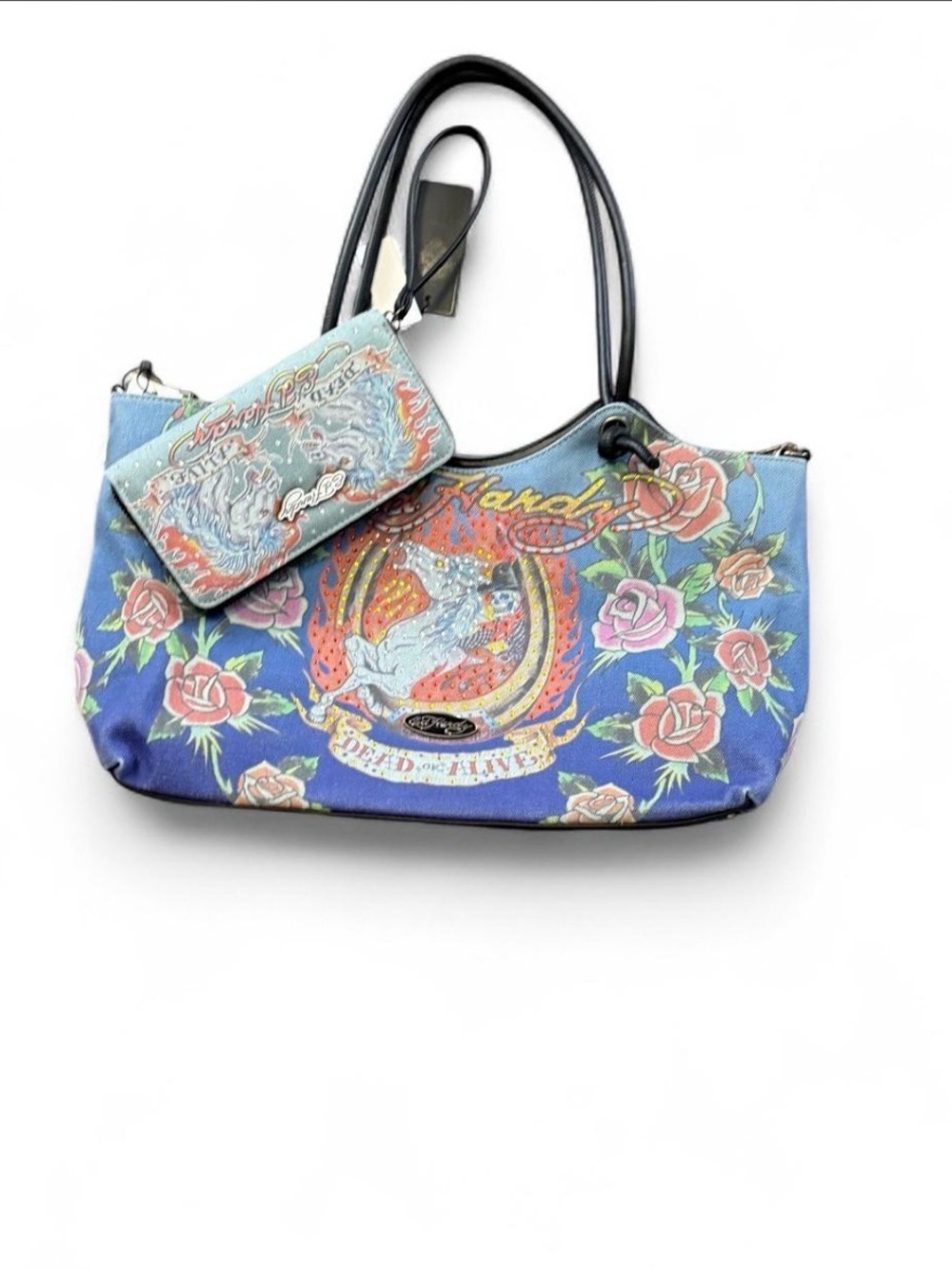 Ed Hardy Blue Floral Canvas Shoulder Bag with Matching Wristlet